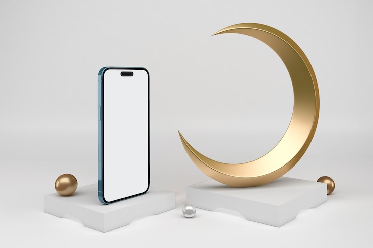Foto gratuito aplicación ramadan phone 14 y lado izquierdo de crescent en fondo blanco
