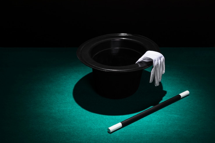 Foto gratuito aplique luz sobre el sombrero de copa con guantes blancos y varita