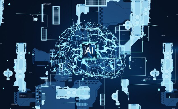 Aprendizaje automático de IA que permite a las computadoras replicar el funcionamiento del cerebro humano. Algoritmos de autoaprendizaje basados en la minería de datos y el reconocimiento de patrones utilizados para resolver tareas complejas, animación de renderización 3D