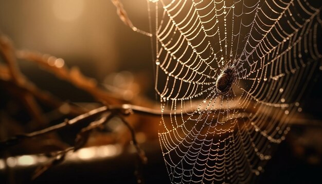 Araña teje gotas de rocío que brillan a la luz del sol generada por IA