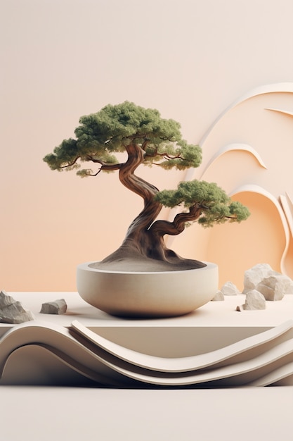 Foto gratuita Árbol 3d con ramas y hojas en el podio