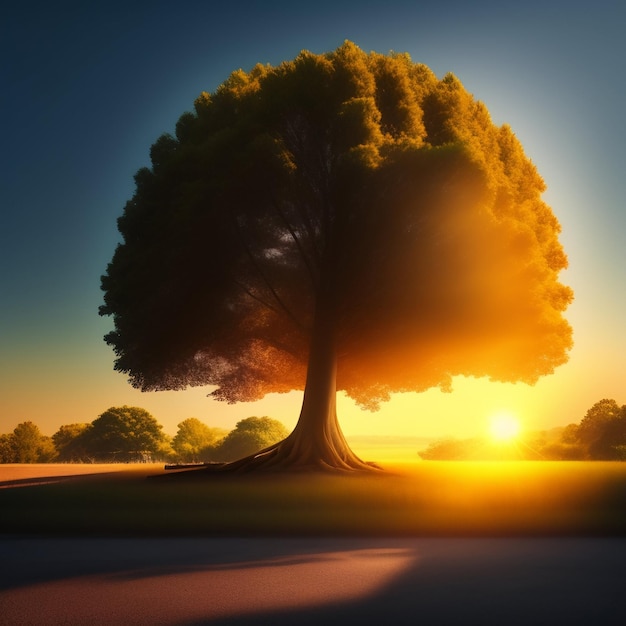 Foto gratuita un árbol con un anillo amarillo alrededor está en medio de un campo.