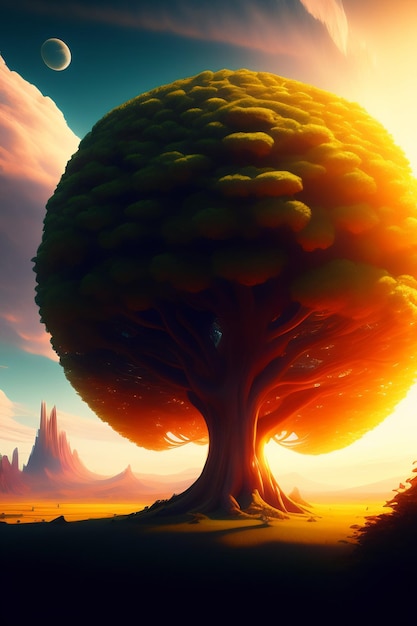 Un árbol con un atardecer de fondo.