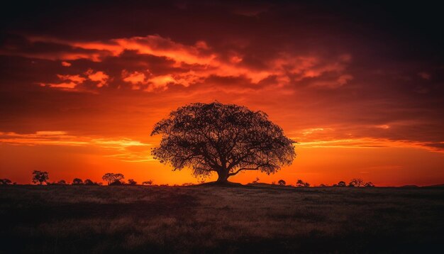 Un árbol en un campo con un cielo rojo y el sol detrás.