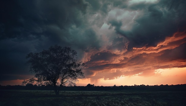 Foto gratuita un árbol en un campo con un cielo tormentoso.