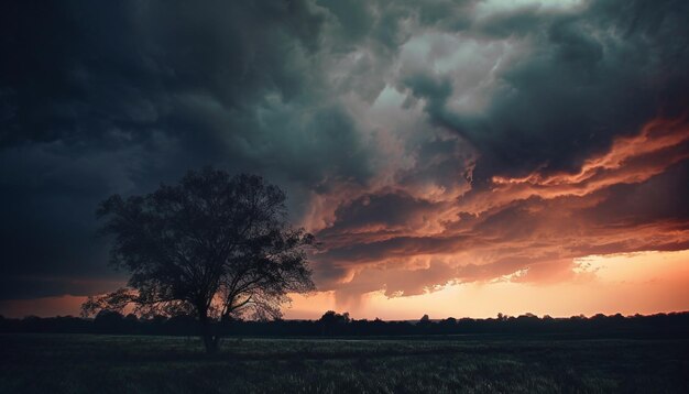 Un árbol en un campo con un cielo tormentoso.