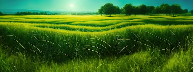 Árbol de campo verde y cielo azul genial como fondo web banner generativo ai