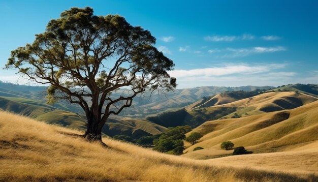 Un árbol en una colina con colinas al fondo.