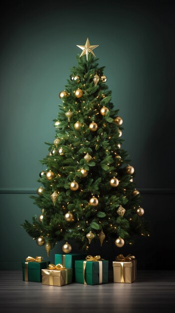 Árbol de Navidad bellamente decorado con cajas de regalo.