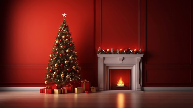 Foto gratuita Árbol de navidad bellamente decorado en casa junto a la chimenea