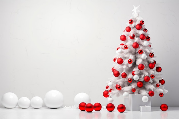 Foto gratuita Árbol de navidad blanco decorado con bolas de navidad rojas sobre fondo blanco. fondo de navidad.