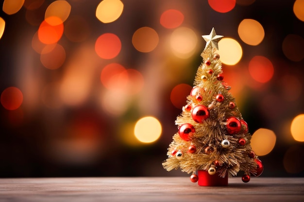 árbol de navidad decorado sobre mesa de madera y fondo borroso. Copiar espacio