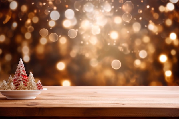 Foto gratuita Árbol de navidad decorado sobre mesa de madera y fondo borroso. copiar espacio