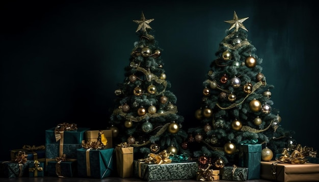 Foto gratuita Árbol de navidad iluminado decorado con adornos brillantes generados por ia