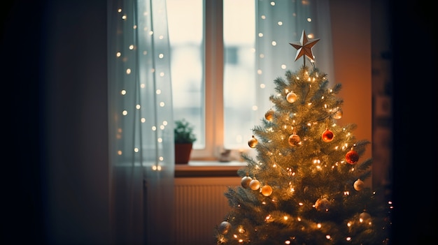 Foto gratuita Árbol de navidad interior decorado con muchos adornos