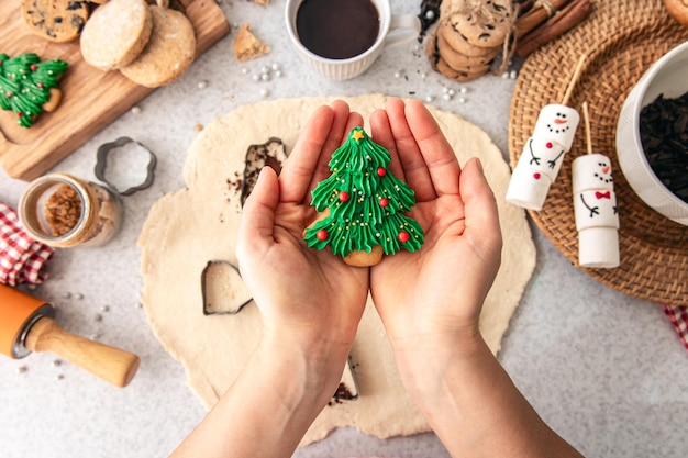 Foto gratuita Árbol de navidad de pan de jengibre en manos femeninas de cerca