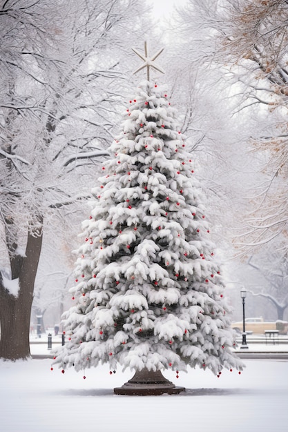 Foto gratuita Árbol de navidad en el parque nevado