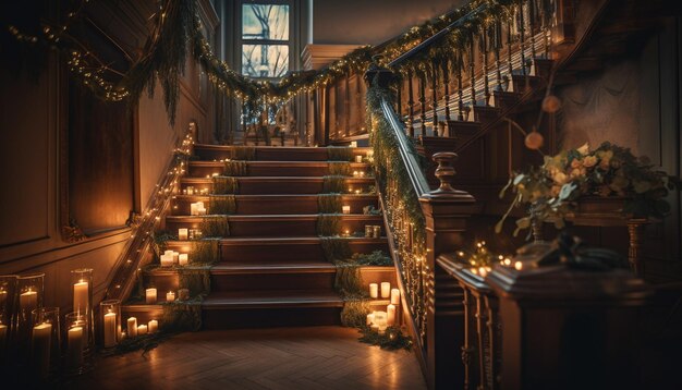 Un árbol de Navidad resplandeciente ilumina una elegante casa antigua generada por IA