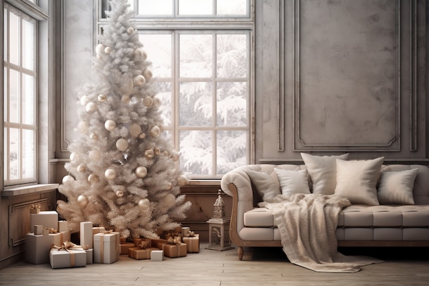 Árbol de Navidad y sofá en el salón.