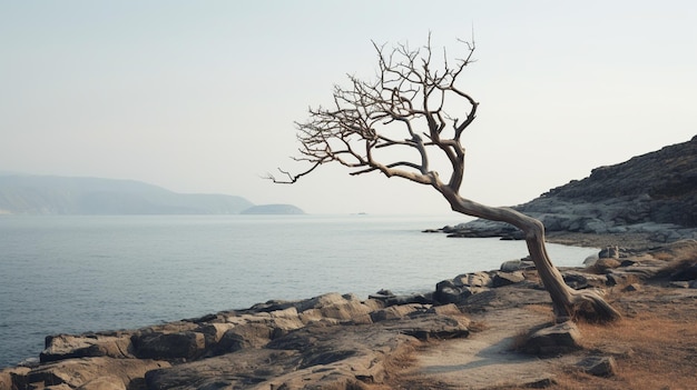Foto gratuita un árbol seco en la orilla de un mar