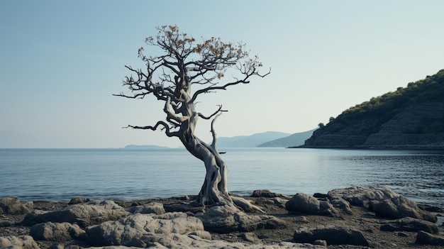 Foto gratuita un árbol seco en la orilla de un mar