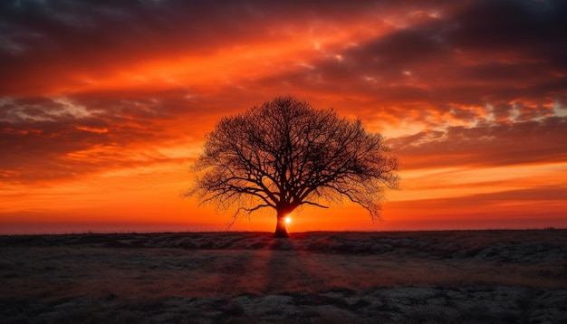 Árbol de siluetas de puesta de sol tranquila en belleza naranja generada por IA