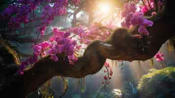 Foto gratuita un árbol tropical altísimo con orquídeas vibrantes