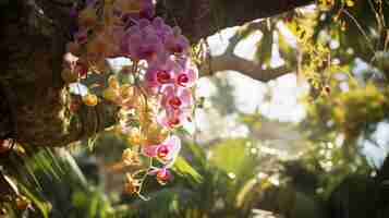 Foto gratuita un árbol tropical altísimo con orquídeas vibrantes