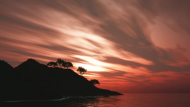 Árboles 3d en la isla contra un cielo al atardecer