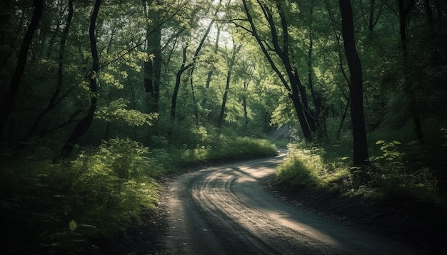 Foto gratuita Árboles verdes bordean la sinuosa carretera rural generada por ia