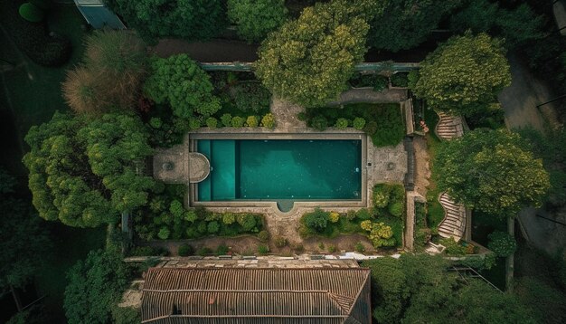 Los árboles verdes y la hierba decoran la arquitectura moderna generada por IA