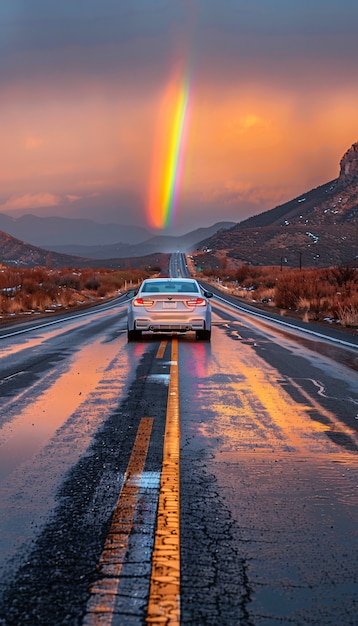 Arco iris al final de un paisaje de carretera