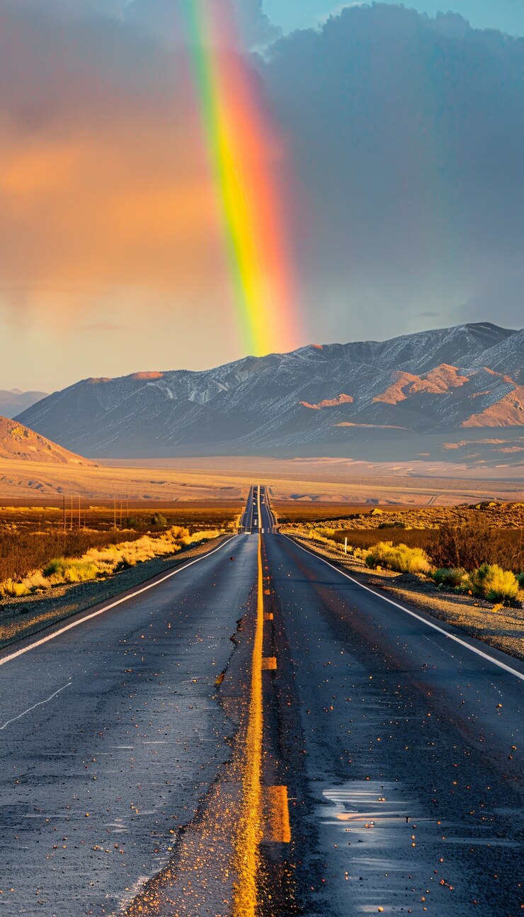 Foto gratuito arco iris al final de un paisaje de carretera