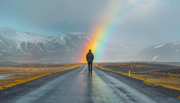 Foto gratuito arco iris al final de un paisaje de carretera