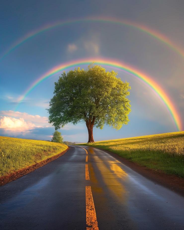 Foto gratuito arco iris al final de un paisaje de carretera