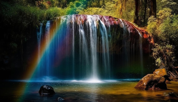 Foto gratuita un arco iris en el bosque se ve sobre una cascada.