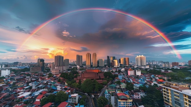 El arco iris de colores aparece en el cielo sobre el paisaje natural