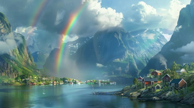 El arco iris de colores aparece en el cielo sobre el paisaje natural