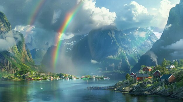 El arco iris de colores aparece en el cielo sobre el paisaje natural