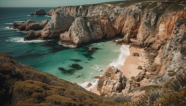 Arco de piedra majestuoso en el borde de las aguas turquesas generado por IA