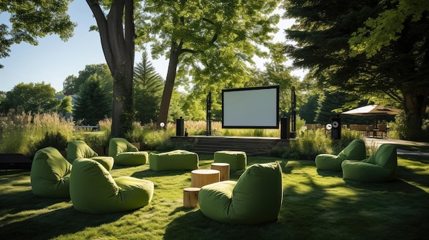 Área al aire libre cubierta de hierba con una pantalla de cine y bolsas de frijoles cómodas