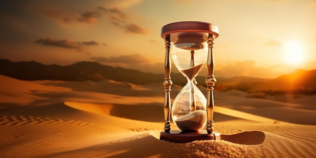 Arenas doradas de tiempo se deslizan a través de un reloj de arena en la vasta extensión del desierto