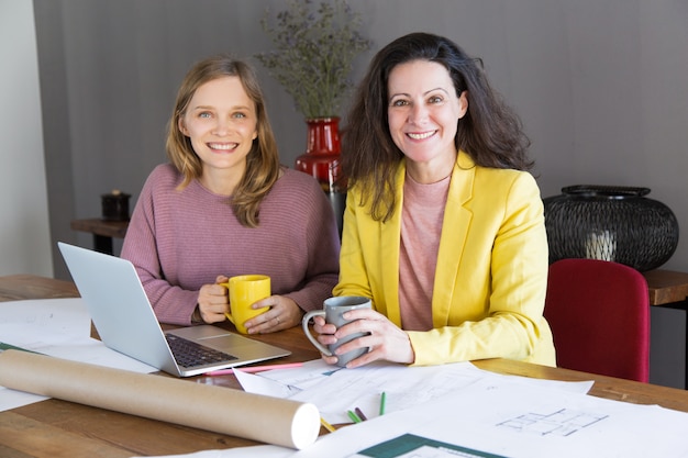 Arquitecto y cliente femeninos sonrientes que tienen rotura