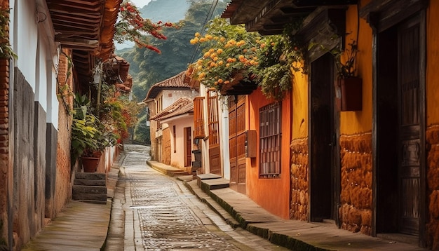 Arquitectura antigua adornada con flores multicolores generadas por IA