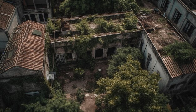 Arquitectura antigua edificio arruinado naturaleza verde noche espeluznante generada por IA