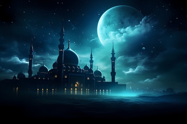 Arquitectura del edificio de la mezquita por la noche con la luna
