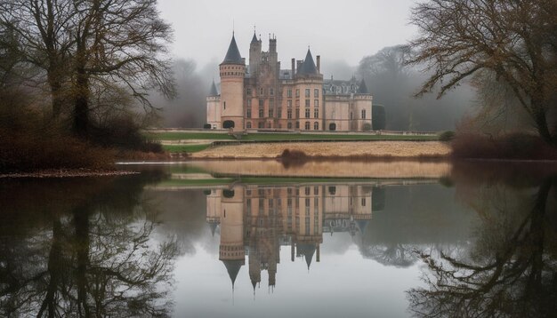 La arquitectura gótica se refleja en un estanque tranquilo reflejo generado por IA