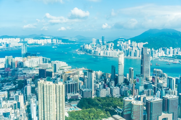 Arquitectura hermosa que construye el paisaje urbano exterior del horizonte de la ciudad de Hong-Kong