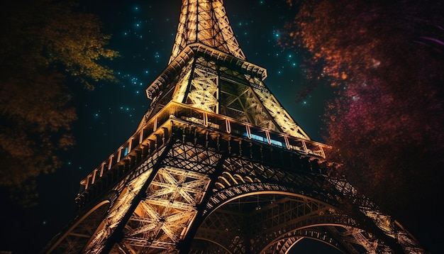 La arquitectura iluminada representa majestuosamente la cultura francesa por la noche generada por IA