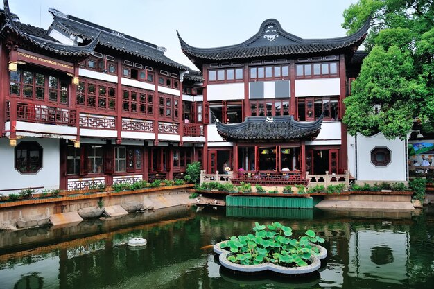 Arquitectura y jardín viejos de la pagoda en Shangai